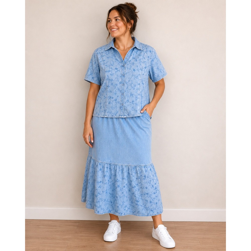JM Collection Blue Embroidered Tencel Denim Shirt and Maxi Skirt Set Size 10